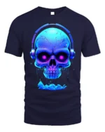 Neon Skull Headphones T-Shirt Cool DJ Glow in Dark - navy t-shirt on white background