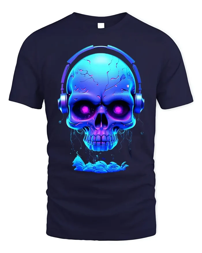 Neon Skull Headphones T-Shirt Cool DJ Glow in Dark - navy t-shirt on white background