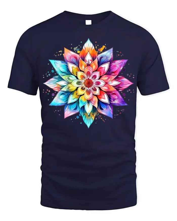 Colorful Mandala Flower T-Shirt for Boho and Yoga Lovers - navy t-shirt on white background