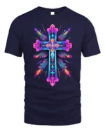 Vibrant Neon Cross Christian Faith T-Shirt for Believers - navy t-shirt on white background
