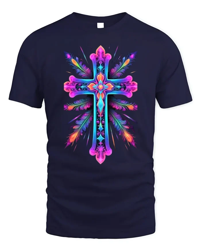 Vibrant Neon Cross Christian Faith T-Shirt for Believers - navy t-shirt on white background