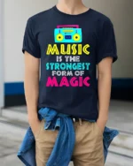 Music Is Magic T-Shirt Retro Boombox Graphic Tee - model wearing navy shirt, hands in pockets
