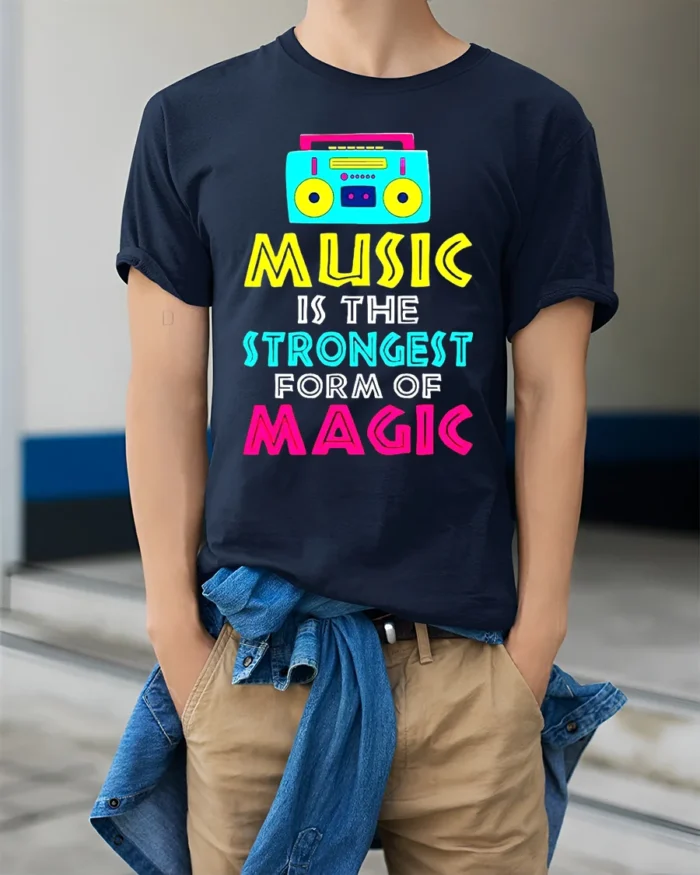 Music Is Magic T-Shirt Retro Boombox Graphic Tee - model wearing navy shirt, hands in pockets