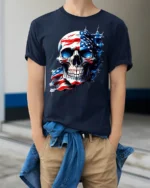 American Flag Skull T-Shirt for Men 4th of July Tee - model wearing navy shirt, hands in pockets