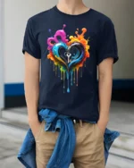 Colorful Heart Key T-Shirt Artistic Love Graphic - model wearing navy shirt, hands in pockets