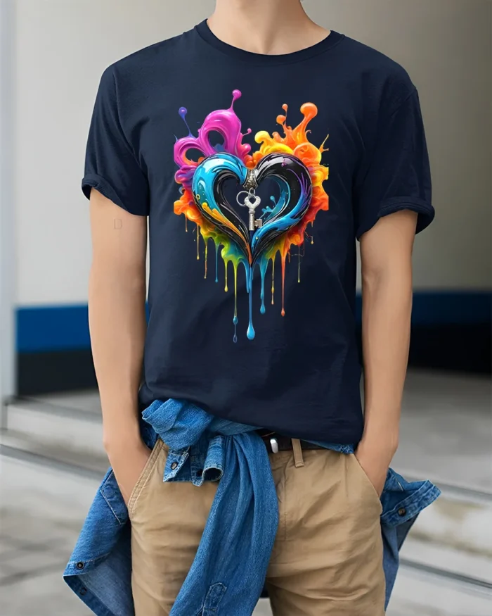 Colorful Heart Key T-Shirt Artistic Love Graphic - model wearing navy shirt, hands in pockets