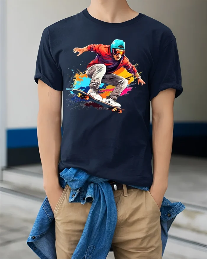 Skater Action T-Shirt Color Splash Skateboarding Graphic - model wearing navy shirt, hands in pockets