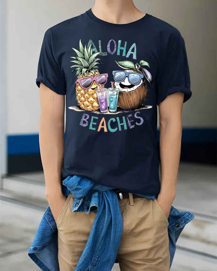 Aloha Beaches T-Shirt Funny Pineapple Coconut Beach - model wearing navy shirt, hands in pockets