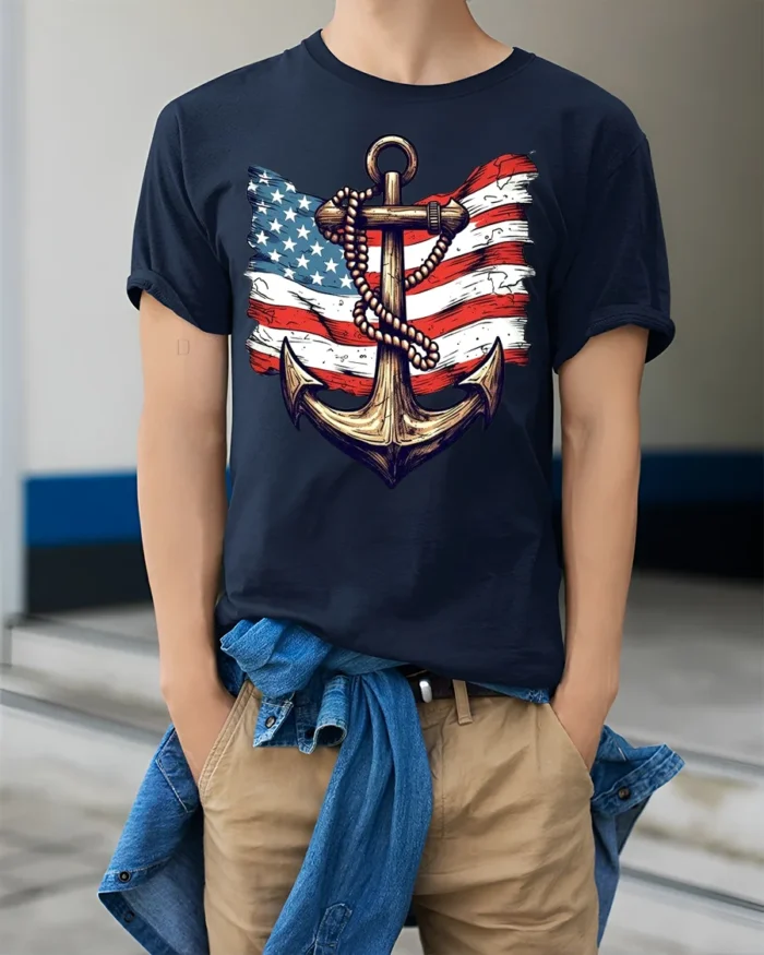 Vintage Anchor USA Flag T-Shirt 4th of July Navy Shirt - model wearing navy shirt, hands in pockets