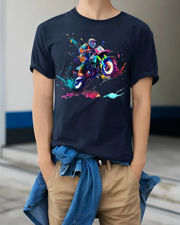Color Splash Motocross Rider T-Shirt Extreme Dirt Bike - model wearing navy shirt, hands in pockets