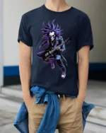 Skull Rock Guitarist T-Shirt for Metal and Rock Fans - model wearing navy shirt, hands in pockets