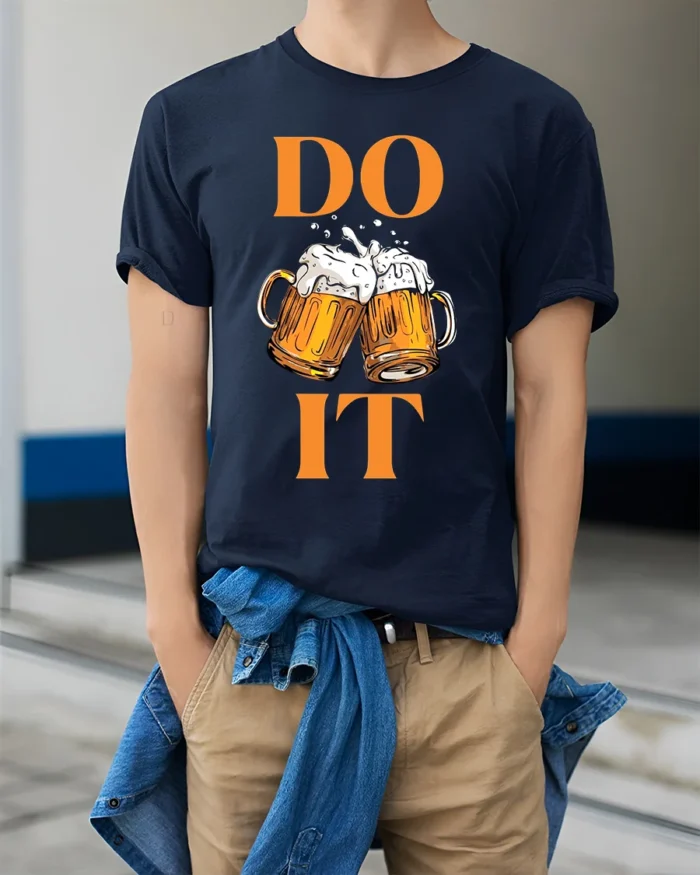 Funny Beer T-Shirt DO IT Beer Mugs Cheers Graphic - model wearing navy shirt, hands in pockets