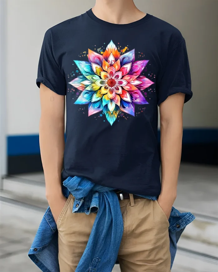Colorful Mandala Flower T-Shirt for Boho and Yoga Lovers - model wearing navy shirt, hands in pockets