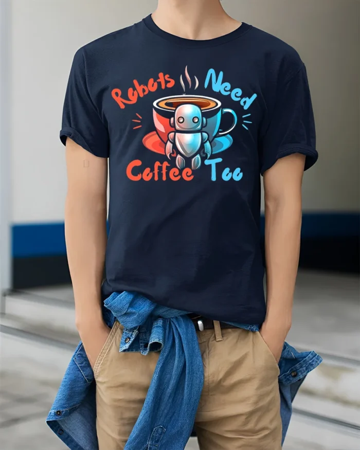 Robots Need Coffee Too Funny Graphic T-Shirt for Geeks - model wearing navy shirt, hands in pockets