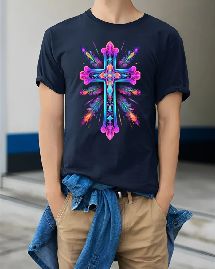 Vibrant Neon Cross Christian Faith T-Shirt for Believers - model wearing navy shirt, hands in pockets