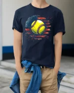 Patriotic Softball Graphic Tee 4th of July T-Shirt - model wearing navy shirt, hands in pockets