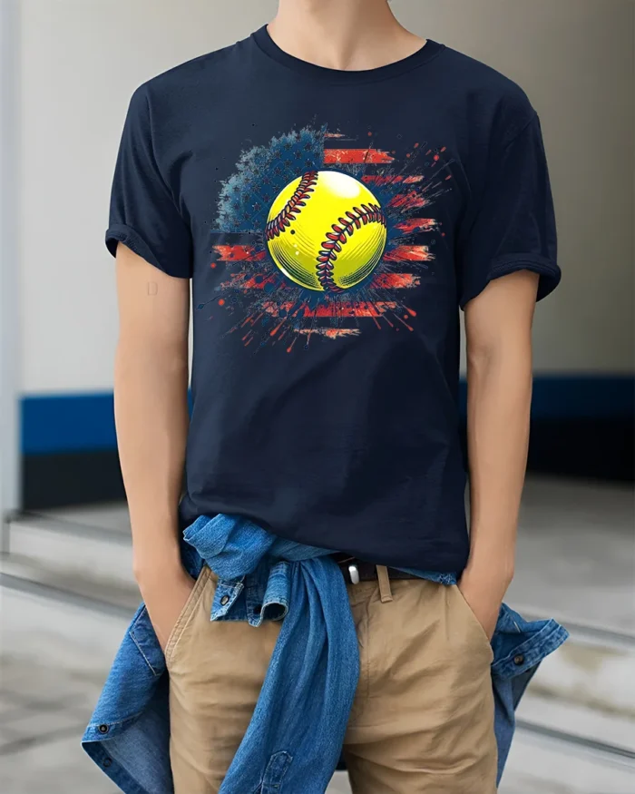 Patriotic Softball Graphic Tee 4th of July T-Shirt - model wearing navy shirt, hands in pockets
