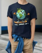 Earth Skateboarding T-Shirt Eco Friendly Planet Tee - model wearing navy shirt, hands in pockets