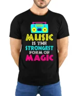 Music Is Magic T-Shirt Retro Boombox Graphic Tee - model wearing black shirt, hands behind back