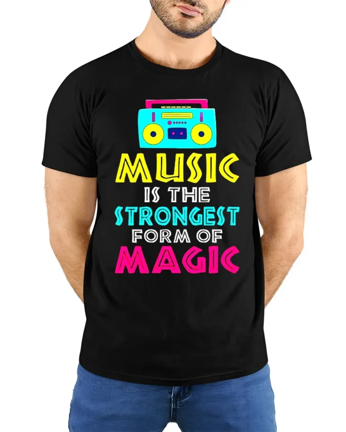 Music Is Magic T-Shirt Retro Boombox Graphic Tee - model wearing black shirt, hands behind back