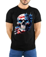 American Flag Skull T-Shirt for Men 4th of July Tee - model wearing black shirt, hands behind back