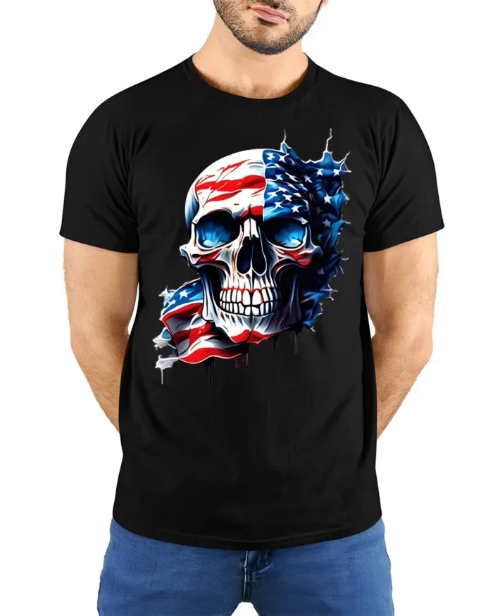 American Flag Skull T-Shirt for Men 4th of July Tee - model wearing black shirt, hands behind back
