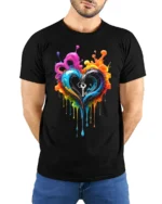 Colorful Heart Key T-Shirt Artistic Love Graphic - model wearing black shirt, hands behind back