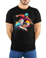 Skater Action T-Shirt Color Splash Skateboarding Graphic - model wearing black shirt, hands behind back