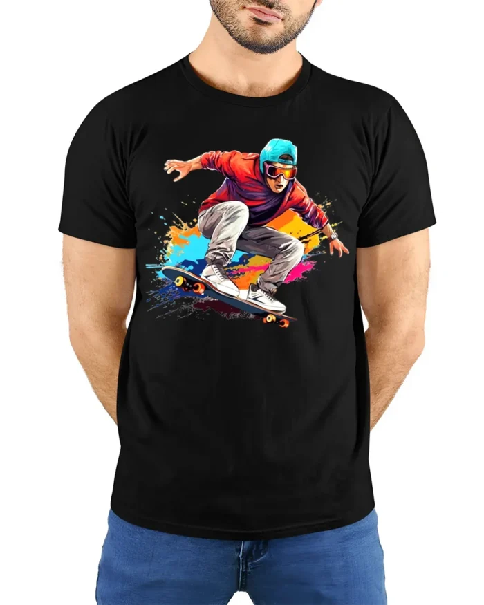 Skater Action T-Shirt Color Splash Skateboarding Graphic - model wearing black shirt, hands behind back