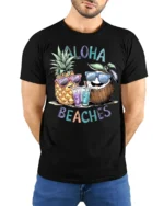 Aloha Beaches T-Shirt Funny Pineapple Coconut Beach - model wearing black shirt, hands behind back