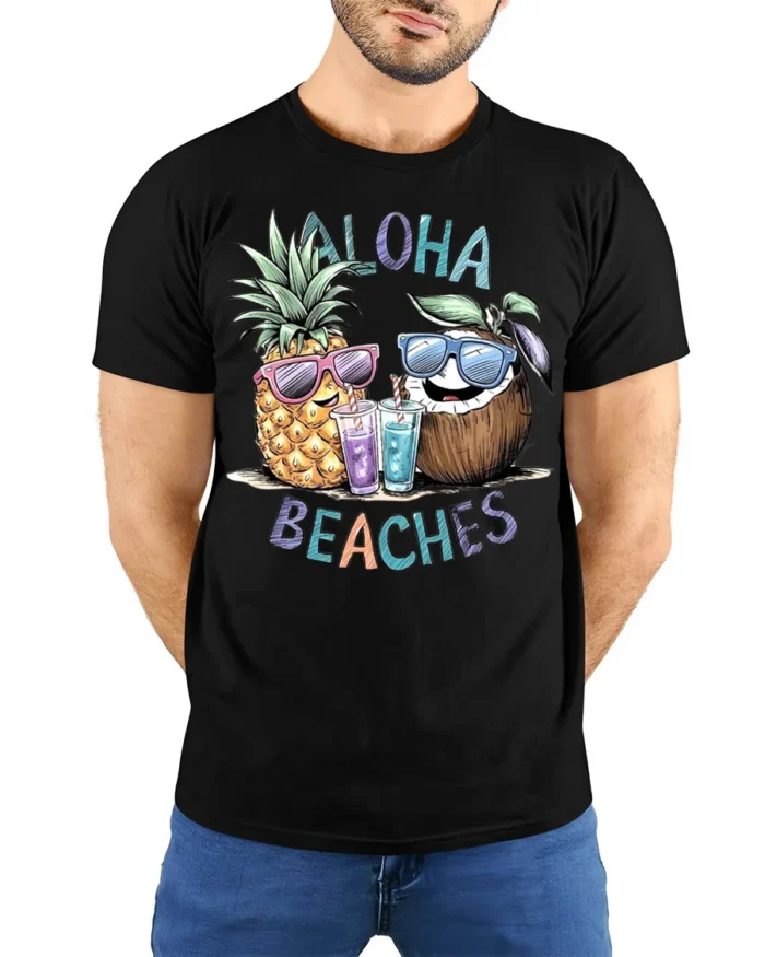 Aloha Beaches T-Shirt Funny Pineapple Coconut Beach - model wearing black shirt, hands behind back