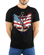 Vintage Anchor USA Flag T-Shirt 4th of July Navy Shirt - model wearing black shirt, hands behind back