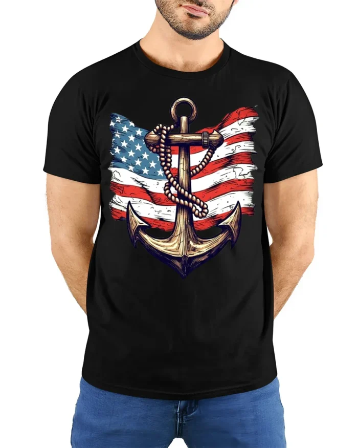 Vintage Anchor USA Flag T-Shirt 4th of July Navy Shirt - model wearing black shirt, hands behind back