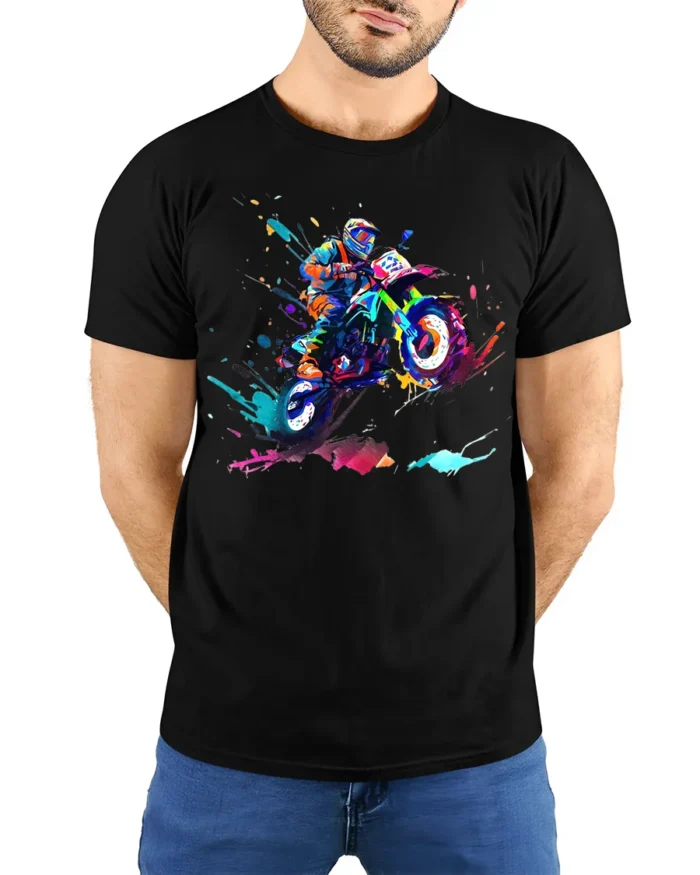 Color Splash Motocross Rider T-Shirt Extreme Dirt Bike - model wearing black shirt, hands behind back