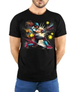 Power Swing Softball T-Shirt Cool Female Sports Graphic - model wearing black shirt, hands behind back