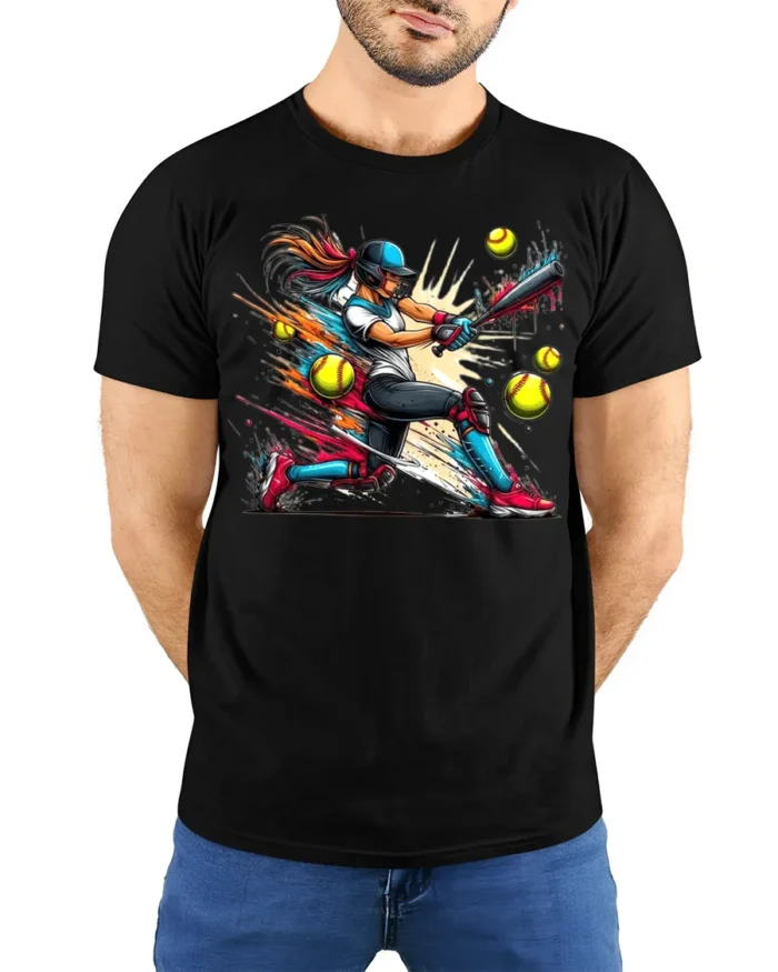 Power Swing Softball T-Shirt Cool Female Sports Graphic - model wearing black shirt, hands behind back