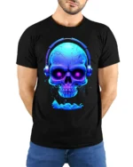 Neon Skull Headphones T-Shirt Cool DJ Glow in Dark - model wearing black shirt, hands behind back