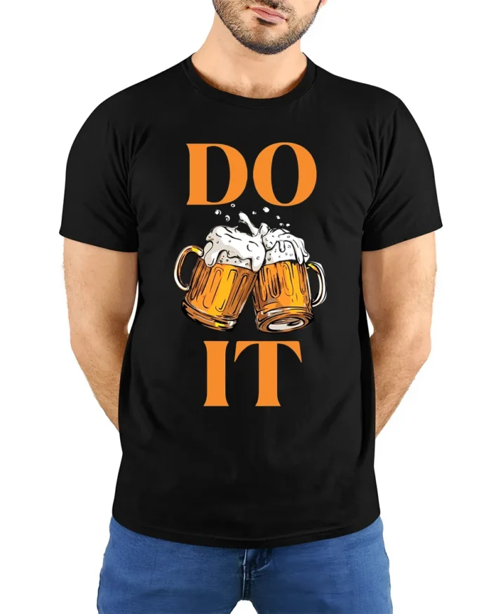 Funny Beer T-Shirt DO IT Beer Mugs Cheers Graphic - model wearing black shirt, hands behind back