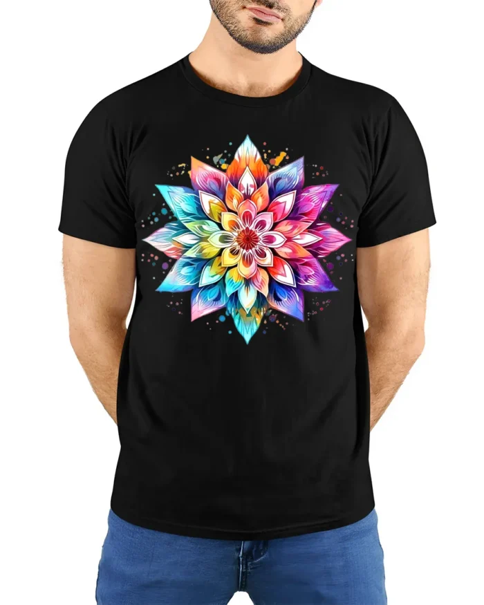 Colorful Mandala Flower T-Shirt for Boho and Yoga Lovers - model wearing black shirt, hands behind back