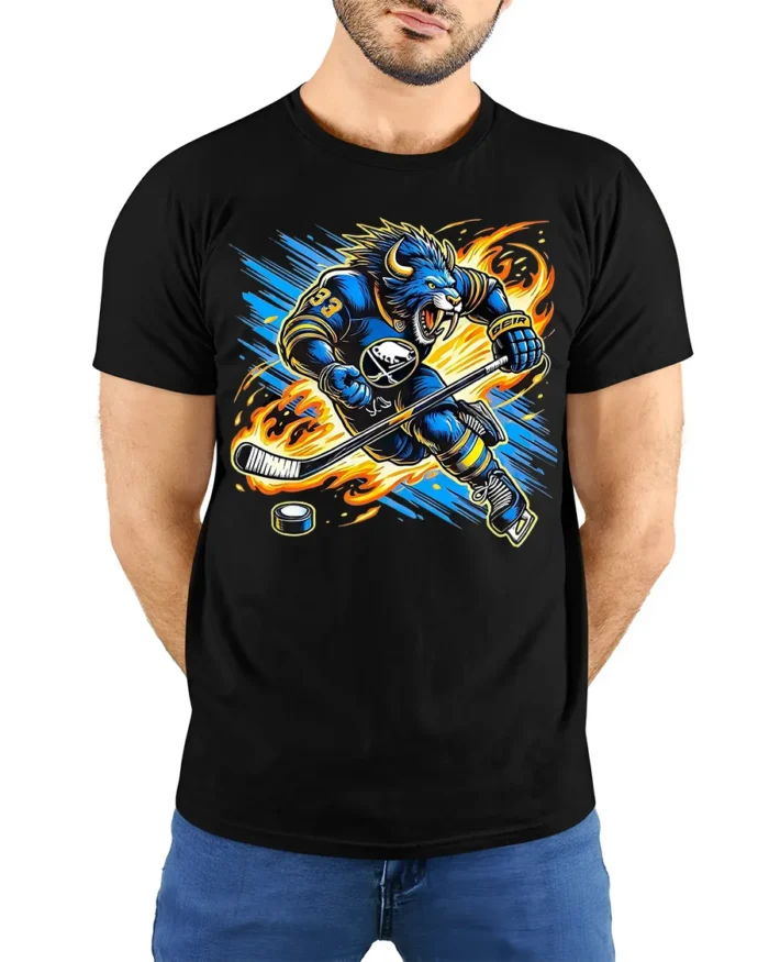 Buffalo Hockey Beast T-Shirt for Ice Hockey Fans - model wearing black shirt, hands behind back