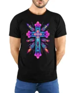 Vibrant Neon Cross Christian Faith T-Shirt for Believers - model wearing black shirt, hands behind back