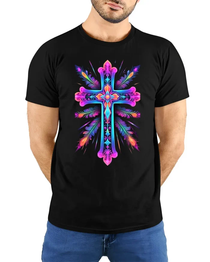 Vibrant Neon Cross Christian Faith T-Shirt for Believers - model wearing black shirt, hands behind back