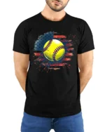 Patriotic Softball Graphic Tee 4th of July T-Shirt - model wearing black shirt, hands behind back