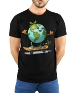 Earth Skateboarding T-Shirt Eco Friendly Planet Tee - model wearing black shirt, hands behind back
