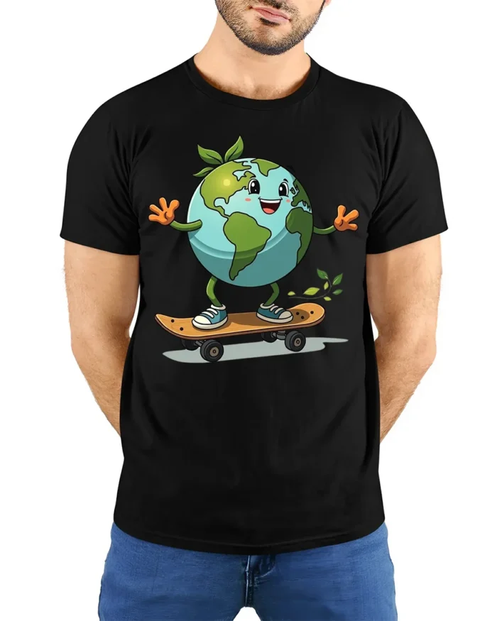 Earth Skateboarding T-Shirt Eco Friendly Planet Tee - model wearing black shirt, hands behind back