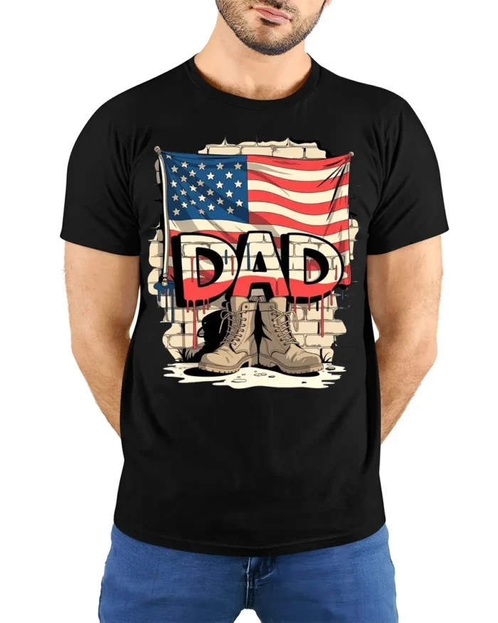USA Flag Dad T-Shirt with Combat Boots Veteran Tribute - model wearing black shirt, hands behind back