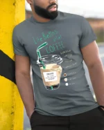 Life Begins After Coffee Funny Coffee Lover T-Shirt - model in grey shirt leaning against column