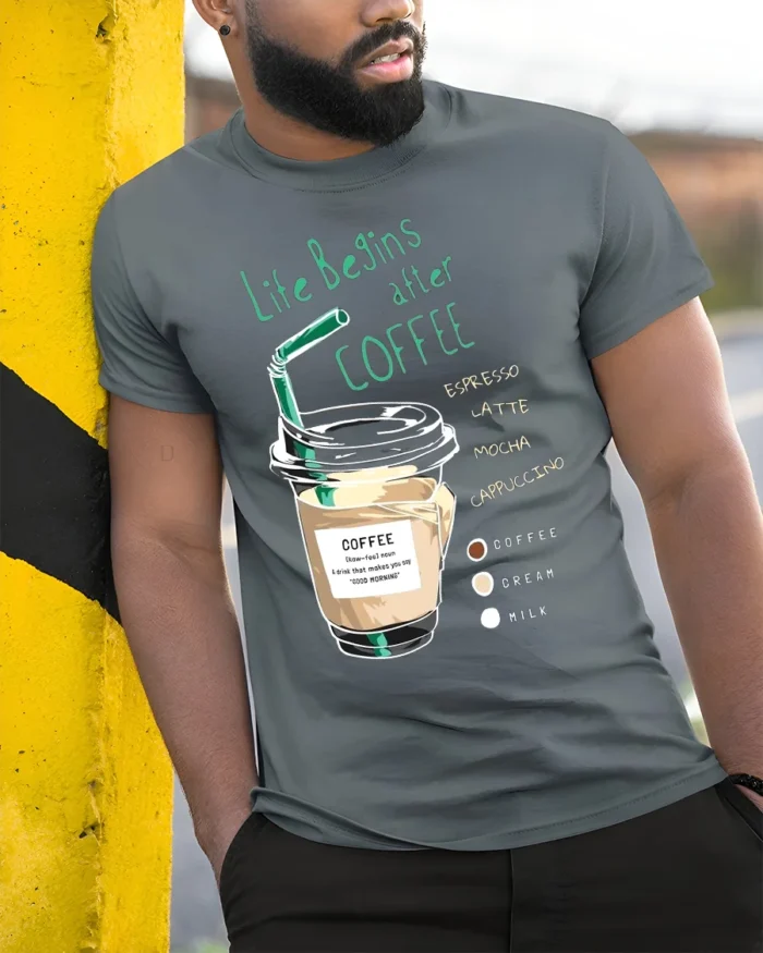 Life Begins After Coffee Funny Coffee Lover T-Shirt - model in grey shirt leaning against column