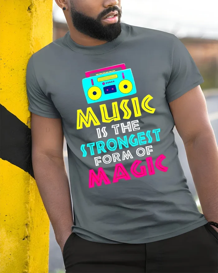 Music Is Magic T-Shirt Retro Boombox Graphic Tee - model in grey shirt leaning against column