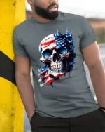 American Flag Skull T-Shirt for Men 4th of July Tee - model in grey shirt leaning against column